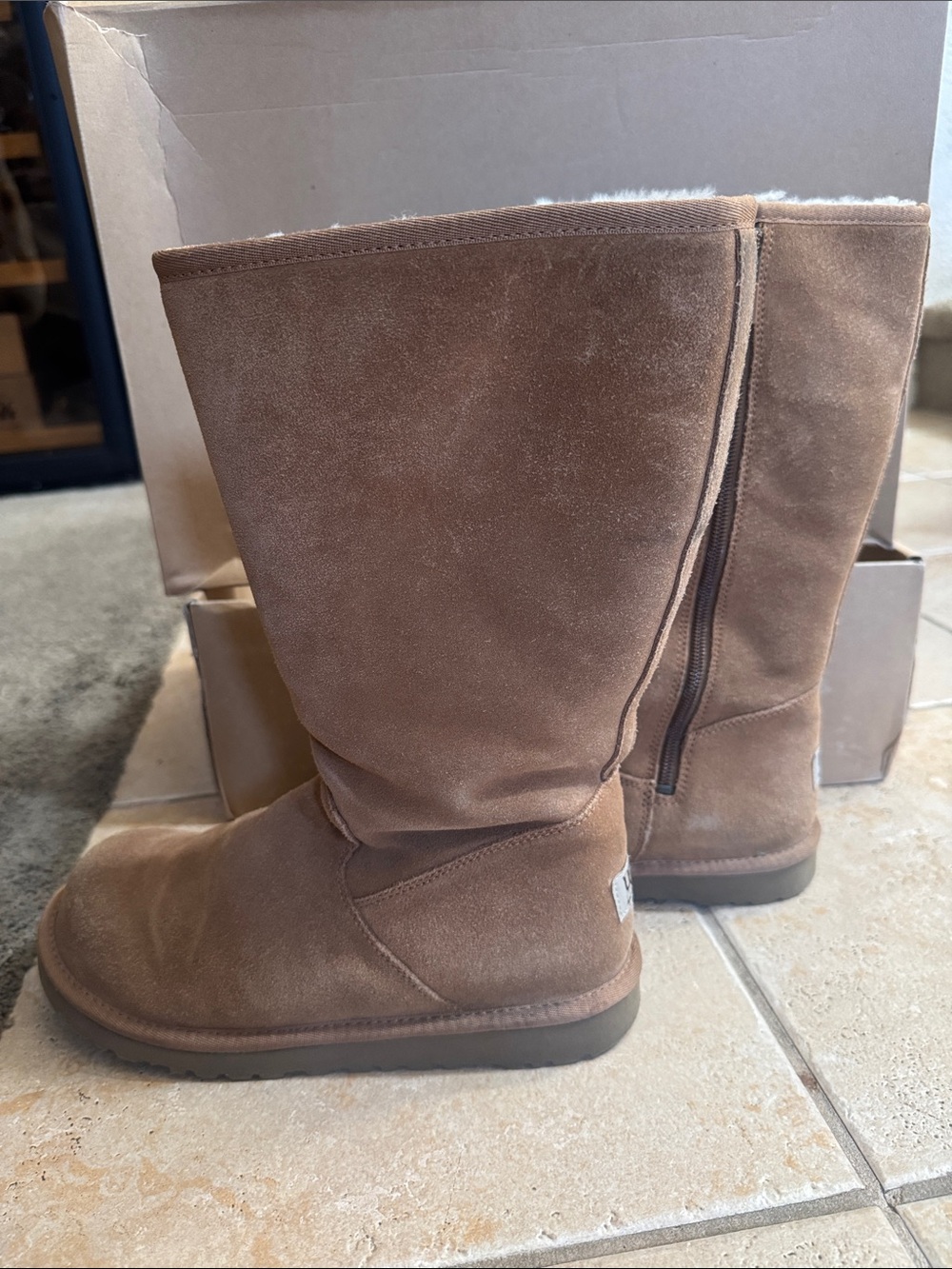 UGG Chestnut Brown Suede Tall Winter Boots with Side Zip
